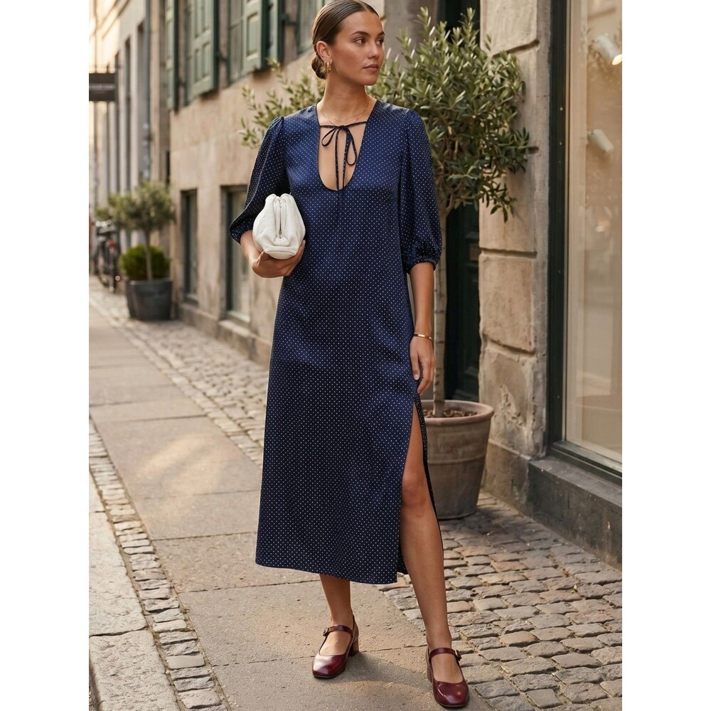 GANNI Polka Dot Printed Heavy Satin Midi Dress Navy White NWT $315